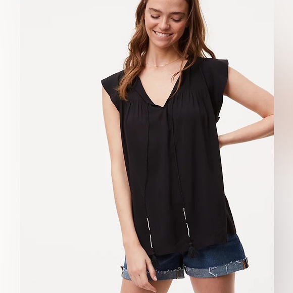 LOFT Tops - LOFT NWT L XL Flutter Sleeve Split Neck Tassel Top in Black